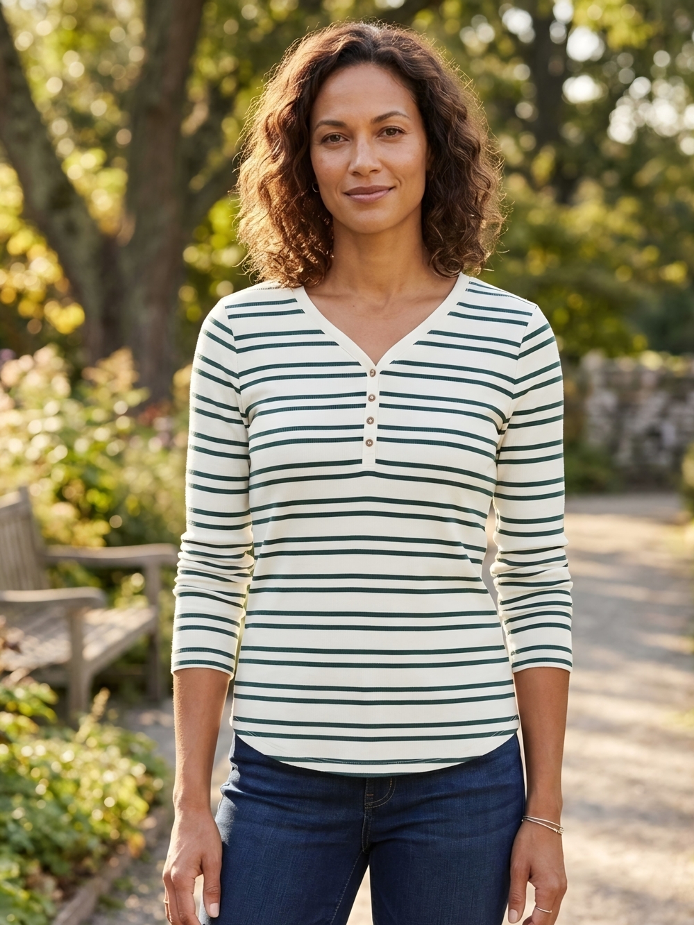 Sonoma Cream and Dark Green Striped Long-Sleeve Henley, Size 0X